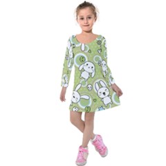 Green Pattern With Doodle Kawaii Kids  Long Sleeve Velvet Dress by CoolDesigns