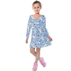 Light Blue Pattern Doddle Kawaii Kids  Long Sleeve Velvet Dress