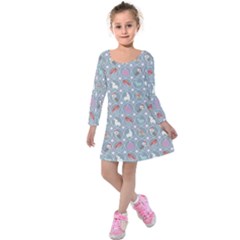 Blue Repeating Holiday With Christmas Ornaments And Wildlife Kids  Long Sleeve Velvet Dress