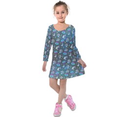 Gray & Blue Fun Unicorn Pattern Kids  Long Sleeve Velvet Dress