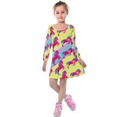 Pink & Yellow Rainbow Unicorn Kids  Long Sleeve Velvet Dress