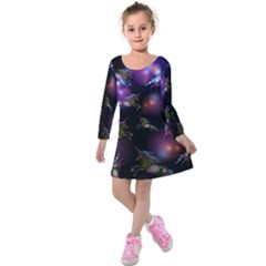 Purple Universe Jumping Unicorns Kids  Long Sleeve Velvet Dress by CoolDesigns