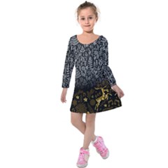 Black & Gray Vintage Christmas Pattern Kids  Long Sleeve Velvet Dress