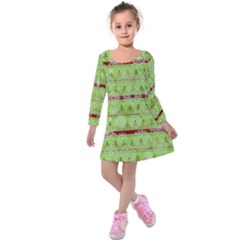 Spring Green Seamless Christmas Trees Kids  Long Sleeve Velvet Dress