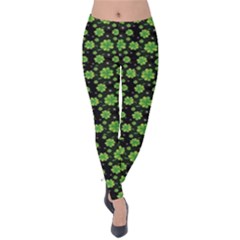 Green Shamrock Pattern Black Velvet Leggings by CoolDesigns