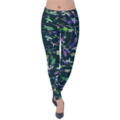 Dark Green Lavender Floral Velvet Leggings