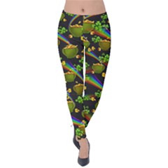 Gold Rainbow Shamrock St  Patricks Velvet Leggings