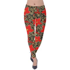 Red Elegant Poinsettia Florals Velvet Leggings