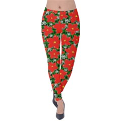 Green & Red Poinsettia Florals Velvet Leggings