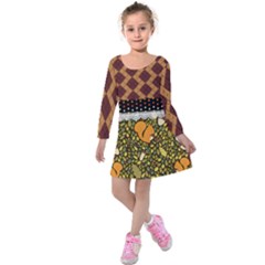 Dark Purple Checkered Squirrel Pattern Winter Kids  Long Sleeve Velvet Dress by CoolDesigns