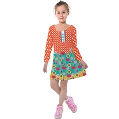 Teal & Orange Florals Design Winter Kids  Long Sleeve Velvet Dress