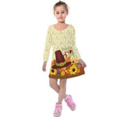 Beige Autumn Leaves Thanksgiving Day Kids  Long Sleeve Velvet Dress by CoolDesigns