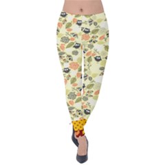 Light Olive Green Owls & Floral Velvet Leggings