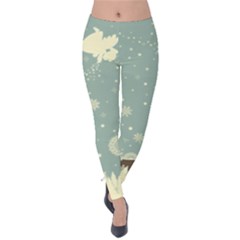 Light Blue Christmas Angel And Snowflakes Velvet Leggings