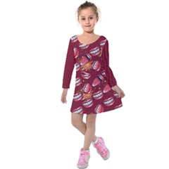 Dark Red Lips Pop Art Kids  Long Sleeve Velvet Dress