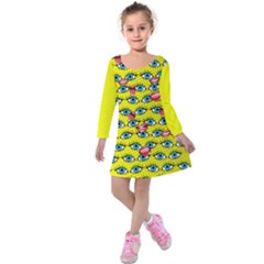 Yellow Eyes & Lips Pop Art Kids  Long Sleeve Velvet Dress