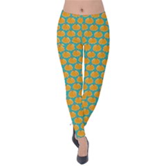 Dark Yellow & Teal Pumpkins Design Velvet Leggings