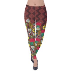 Maroon Argyle Florals Pattern Velvet Leggings