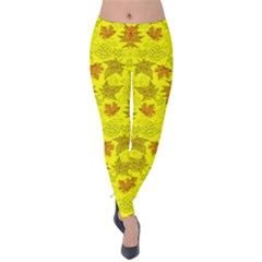 Bright Yellow Autumn Maple Leaves Warm Velvet Leggings