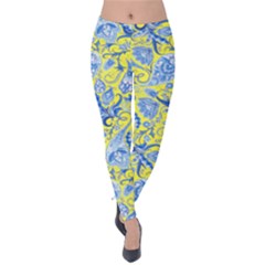 Yellow Paisley Pattern With Flowers Print Velvet Leggings