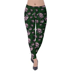 Dark Green Messy Skulls Print Velvet Leggings by CoolDesigns