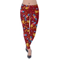 Dark Red Feathers Seamless Print Velvet Leggings