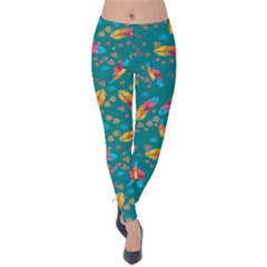 Turquoise Feathers Seamless Print Velvet Leggings