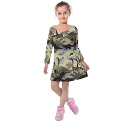 Olive Drab Dino Silhouettes Kids  Long Sleeve Velvet Dress