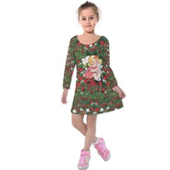 Green & Red Angel Christmas Tree Kids Long Sleeve Velvet Dress