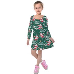 Dark Green Merry Christmas Santa Kids Long Sleeve Velvet Dress