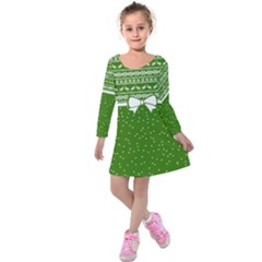 Green & White Faux Ribbon Xmas Kids Long Sleeve Velvet Dress by CoolDesigns