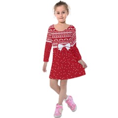 Red & White Faux Ribbon Xmas Kids Long Sleeve Velvet Dress