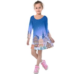 Blue Starry Christmas Night Kids Long Sleeve Velvet Dress