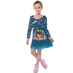 Dark Teal Cute Girl Christmas Eve Kids Long Sleeve Velvet Dress