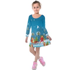 Cyan & Red Holly Christmas Night Kids Long Sleeve Velvet Dress