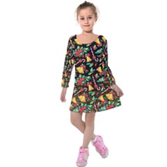 Black & Gold Candy Cane & Jingle Bell Kids Long Sleeve Velvet Dress