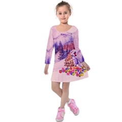 Purple & Pink Raccoon On Christmas Eve Kids Long Sleeve Velvet Dress