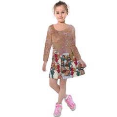 Burly Wood Merry Christmas Pattern Kids Long Sleeve Velvet Dress