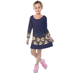 Dark Blue Happy Santa Claus Caroling Kids Long Sleeve Velvet Dress