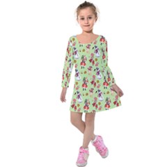 Pale Green Ugly Christmas Pattern Kids Long Sleeve Velvet Dress