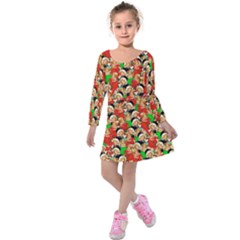 Red & Green Busy Christmas Pattern Kids Long Sleeve Velvet Dress