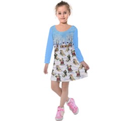 Powder Blue Fun Xmas Sled Kids Long Sleeve Velvet Dress