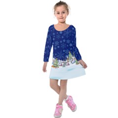 Blue & White Christmas House Kids Long Sleeve Velvet Dress