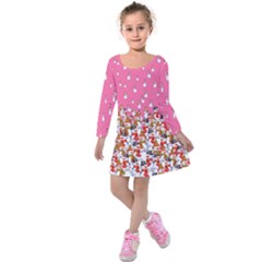 Pink Love Falling Snowmans Kids Long Sleeve Velvet Dress