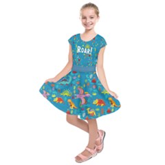 Dark Turquoise Dinosaurs Roar Pattern Kids Short Sleeve Dress by CoolDesigns