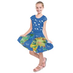 Royal Blue Maps Of The World & Dinosaurs Kids Short Sleeve Dress by CoolDesigns