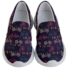 Blue Pattern With Retro Bicycle Trees And Flags Evening Kid s Lightweight Slip Ons by CoolDesigns