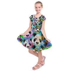 Turquoise Tribal Panda Faces Kids Short Sleeve Dress