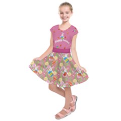 Hot Pink Happy Easter Prints Kids Short Sleeve Dress by CoolDesigns