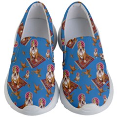 Light Steel Blue & Pink Cute Bulldog On Magic Carpet Kids Kid s Lightweight Slip Ons by CoolDesigns